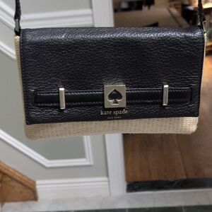 Kate Spade Crossbody Bag. Black Leather And Cream Woven Fabric Gold Hardware